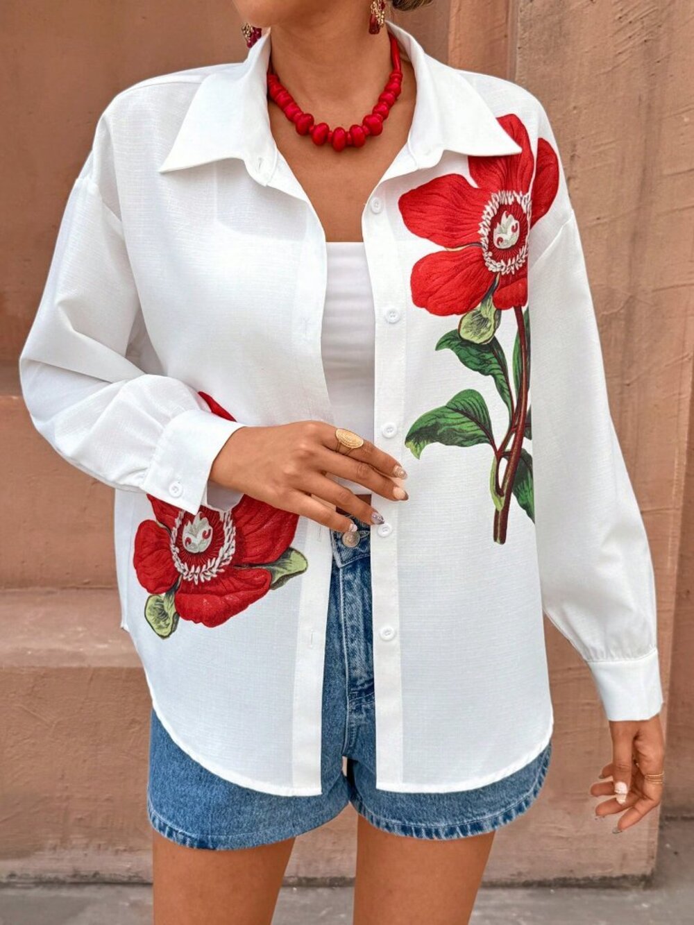 White Boho Women's Relaxed Fit Elegant floral Printed Collar button down Blouse - Picture 5 of 6